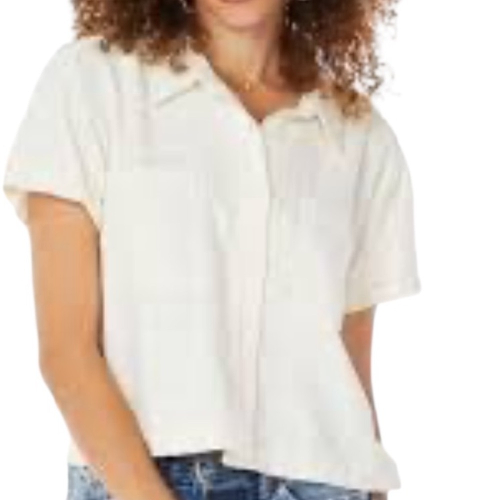 Bobi‎ Los Angeles Macadamia Off White Button Short Sleeve Boxy Top Large NWT
